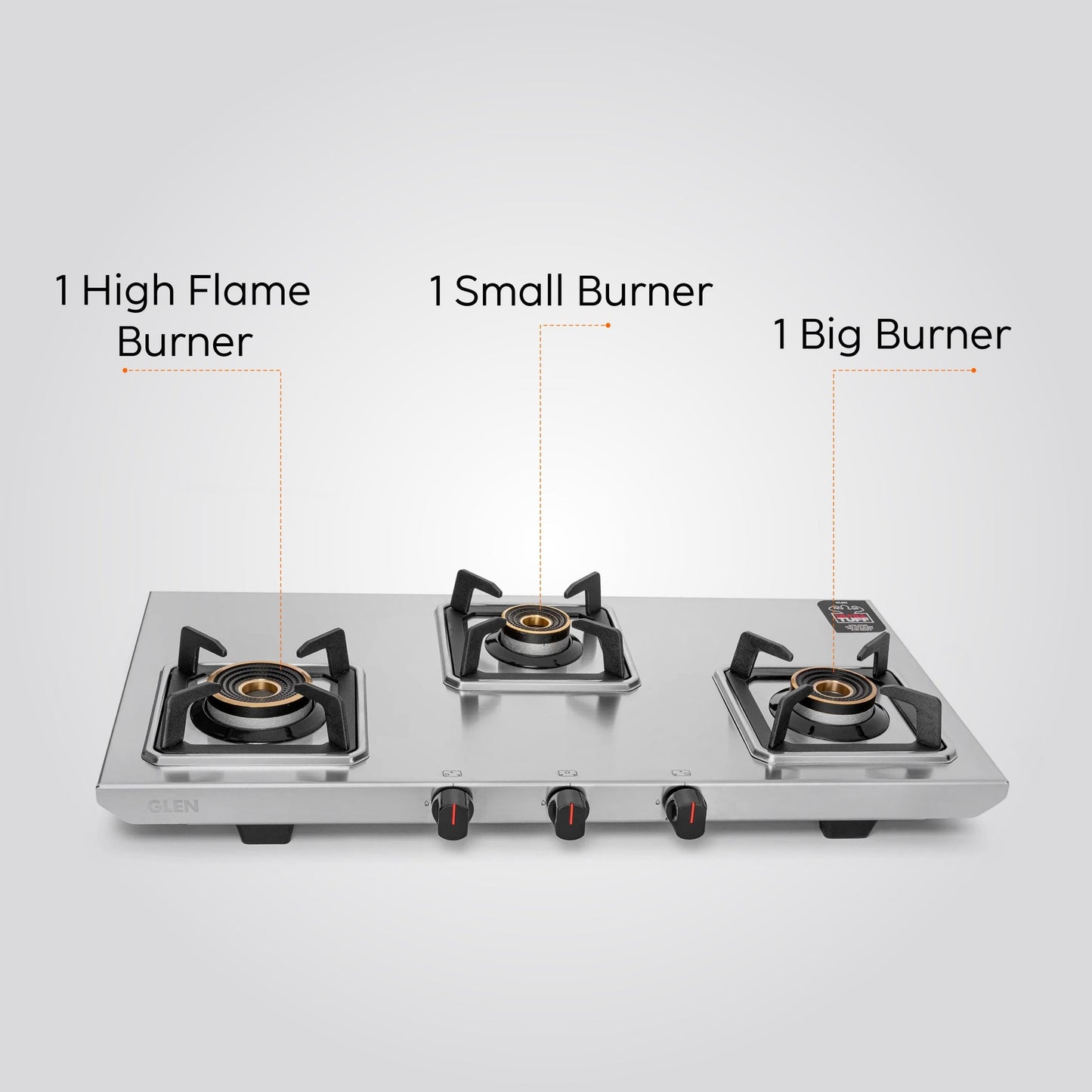GLEN 3 Burner Ultra Tuff Stainless Steel Gas Stove with Multi Ring Forged Brass Burner & Drip trays (CT1053UTDTSS)