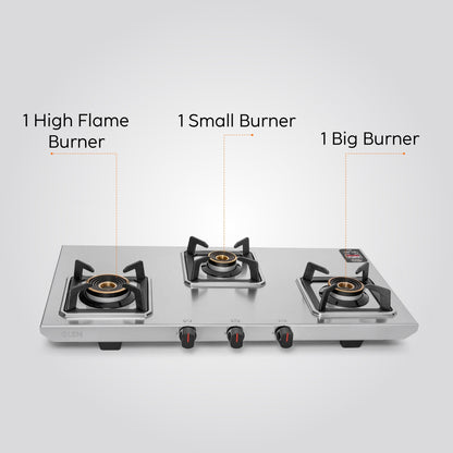 GLEN 3 Burner Ultra Tuff Stainless Steel Gas Stove with Multi Ring Forged Brass Burner & Drip trays (CT1053UTDTSS)