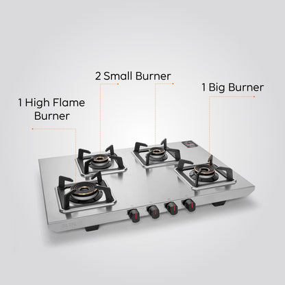 GLEN 4 Burner Ultra Tuff Stainless Steel Gas Stove with Multi Ring Forged Brass Burner & Drip trays (CT1054UTDTSS)