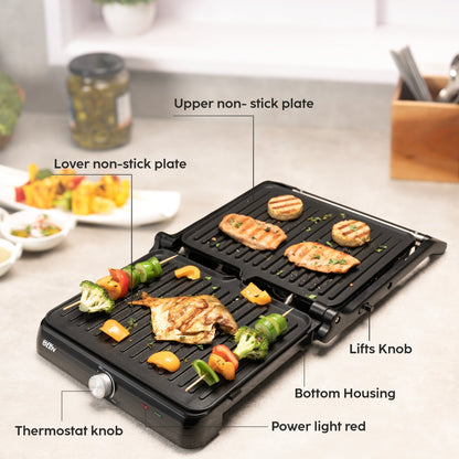 GLEN Electric Contact Grill & Sandwich Maker with 180-degree opening, Non-Stick Plates, 2000w - (SA3031INCG)