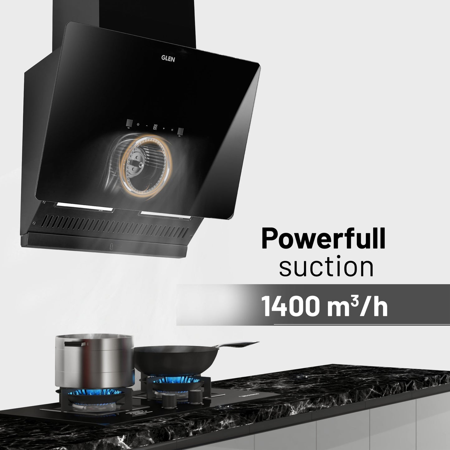 GLEN Auto Clean Glass Filter less Kitchen Chimney, Motion Sensor control with Digital Display 60/75/90cm 1400 m3/h - Black (CH6075AC)