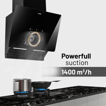 GLEN Auto Clean Glass Filter less Kitchen Chimney, Motion Sensor control with Digital Display 60/75/90cm 1400 m3/h - Black (CH6075AC)