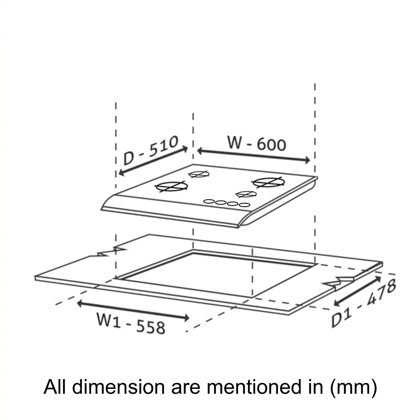 4 Burner Glass Hob Top with Total Brass Burners Auto Ignition (1064 RO HT TDB)