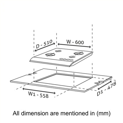 4 Burner Glass Hob Top with Total Brass Burners Auto Ignition (1064 RO HT TDB)