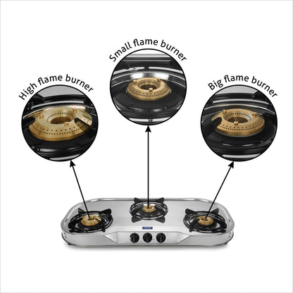 3 Burner  Stainless Steel Gas Stove with High Flame Brass Burner Extra Large Drip Tray (1035 XL HF BB DT)