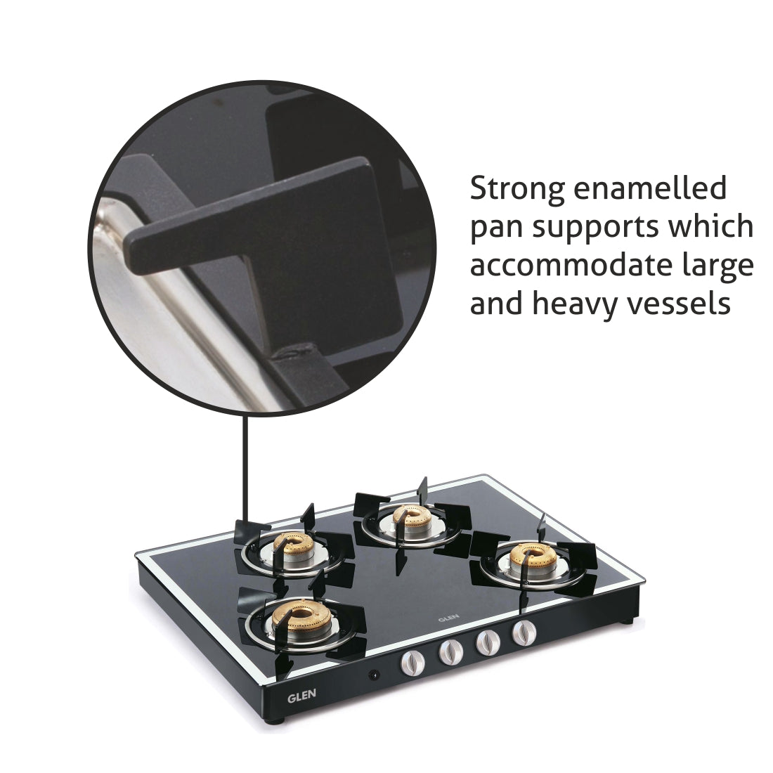 4 Burner Glass Gas Stove Mirror Finish 1 High Flame 3 Forged Brass Burners Auto Ign 70 CM Black (1048GT FBMBLAI)