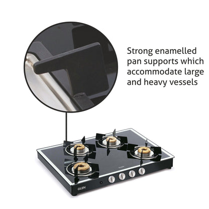 4 Burner Glass Gas Stove Mirror Finish 1 High Flame 3 Forged Brass Burners Auto Ign 70 CM Black (1048GT FBMBLAI)