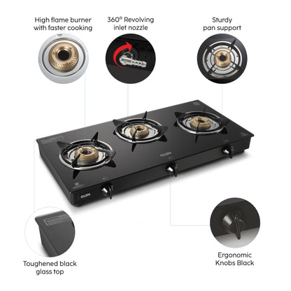 3 Burner Glass Gas Stove with High Flame Brass Burner - Black (1030 GT HF BB BL)