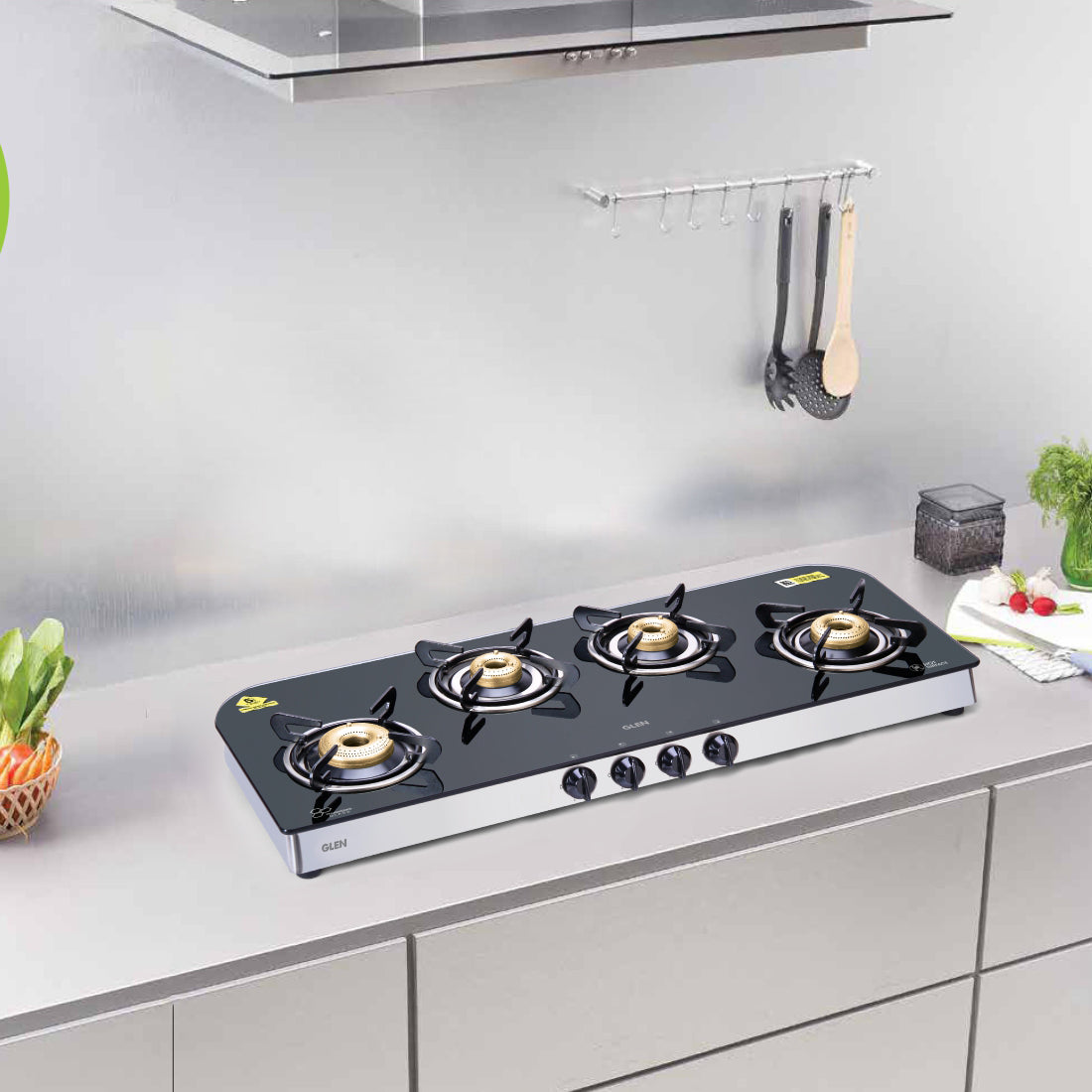 4 Burner Glass Gas Stove Extra Wide 1 High Flame 3 Forged Brass Burner (1049 GT FB)