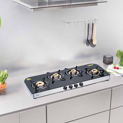 4 Burner Glass Gas Stove Extra Wide 1 High Flame 3 Forged Brass Burner (1049 GT FB)