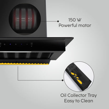 Auto Clean Slim Glass Filter less Kitchen Chimney with Motion Sensor 60/90cm, 1200 m3/h (6062 SLIM BL AC)