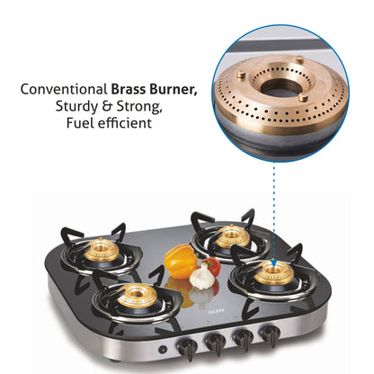 4 Burner Glass Gas Stove 1 High Flame 3 Brass Burner Auto Ignition Round Corners (1046 GTAI)