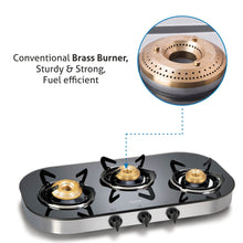 3 Burner Black Glass Gas Stove with High Flame Brass Burner (1036GT) - Manual/ Auto Ignition