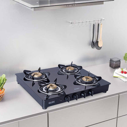 4 Burner Glass Gas Stove with Brass Burner Auto Ignition, Black (1043 GT BB BL AI)