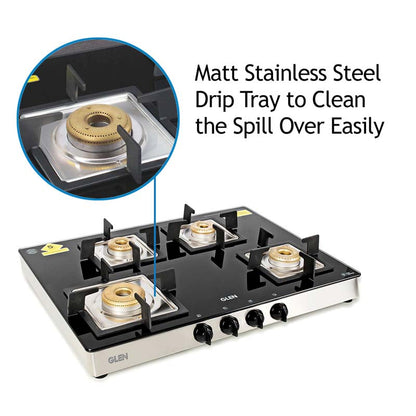 4 Burner Glass Gas Stove 1 High Flame 3 Forged Brass Burner 70 CM (1048 GT SQFB)