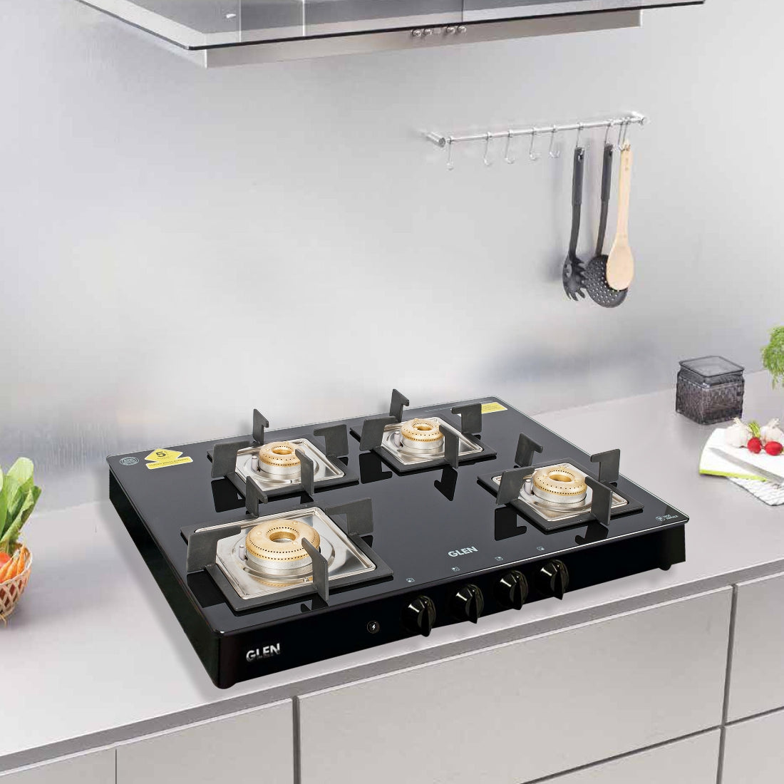 4 Burner Glass Gas Stove 1 High Flame 3 Forged Brass Burner Auto Ignition 70 CM Black(1048 GT SQBLFBAI)