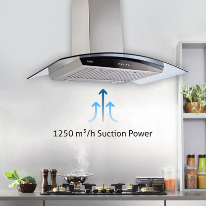 Kitchen Chimney Curved Glass, Push Buttons Baffle filter 90cm 1250 m3/h -Silver (6071 GF)
