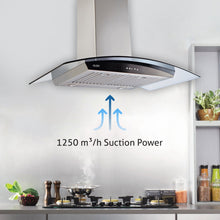 Kitchen Chimney Curved Glass, Push Buttons Baffle filter 90cm 1250 m3/h -Silver (6071 GF)