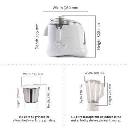 Juicer Mixer Grinder 500W with 1 Transparent Liquidizer, 1 Stainless Steel Grinder Jar - White (4011)