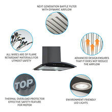 Kitchen Chimney Curved Glass with Motion Sensor Baffle filter 60cm 1250 m3/h -Black (6071 BLMS)
