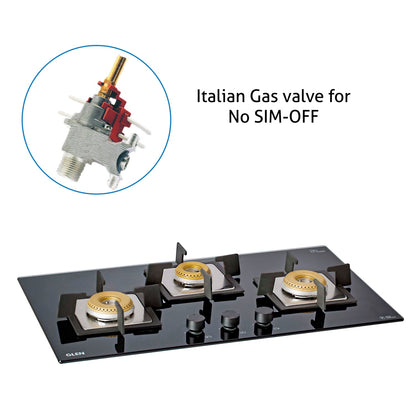 3 Burner Built in Glass Hob with Italian Double Ring Brass Burner Auto Ignition  (1073 SQ IN BB)