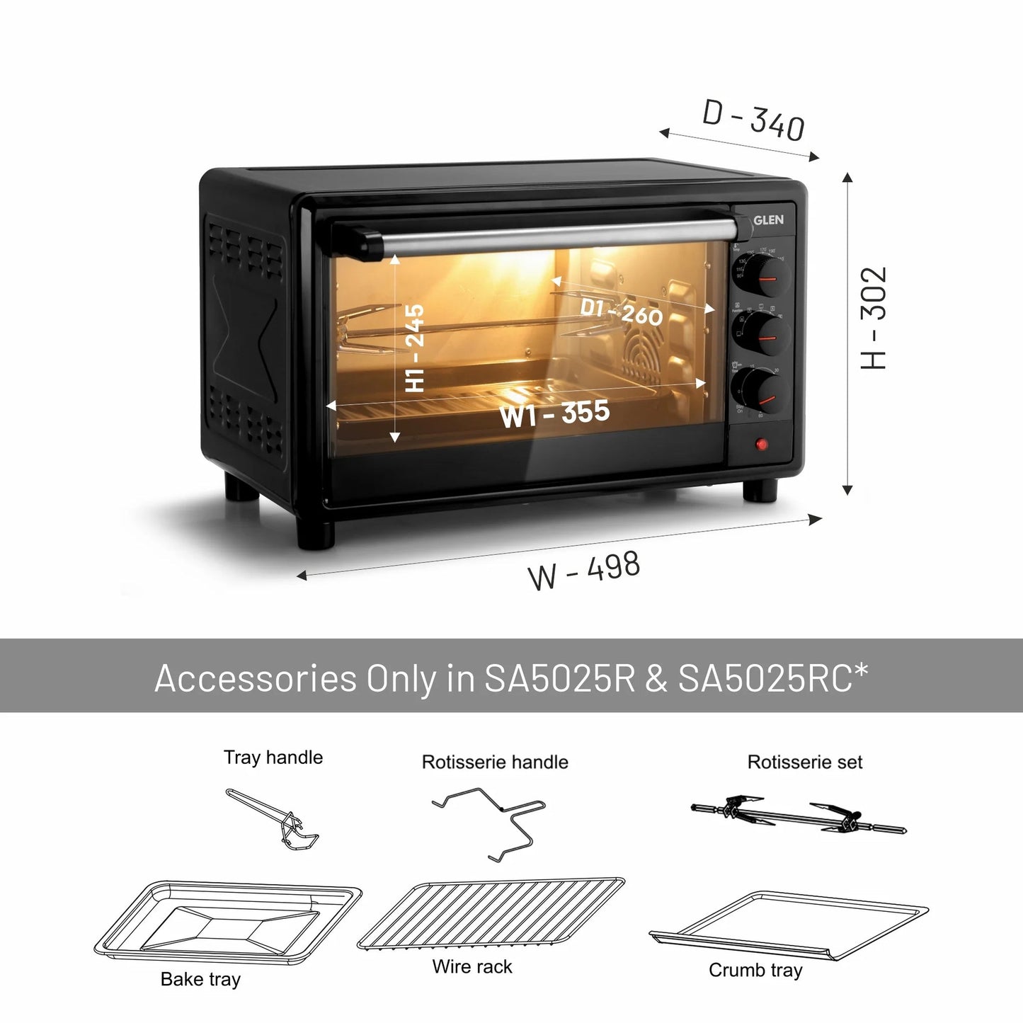 GLEN 25L Oven Toaster Griller (OTG) | 1700W Convection Oven | 60-Min Timer, Oven Light & Removable Crumbs Tray – Black (SA5025)