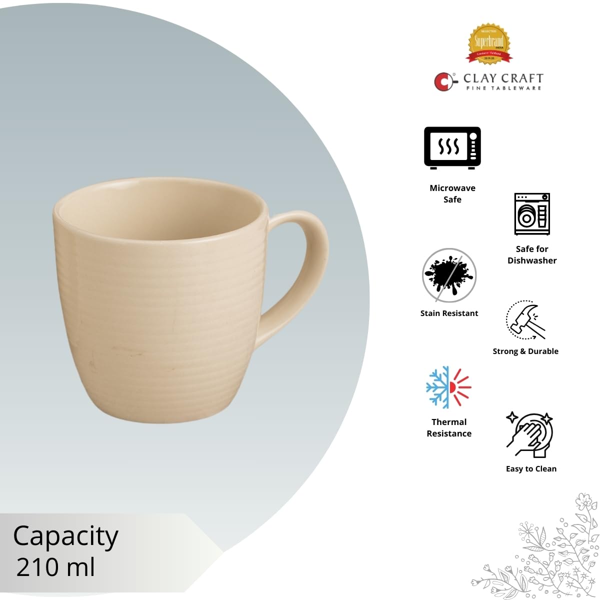 Claycraft Horizon Pebble Ivory Coffee & Tea Mugs Set of 6 (210 ml)