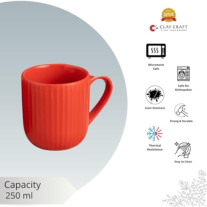 Claycraft Linea Pebble Red Coffee & Tea Mugs Set of 6 (250 ml)