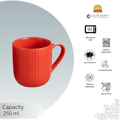 Claycraft Linea Pebble Red Coffee & Tea Mugs Set of 6 (250 ml)