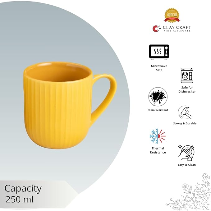 Claycraft Linea Pebble Mustard Coffee & Tea Mugs Set of 6 (250 ml)