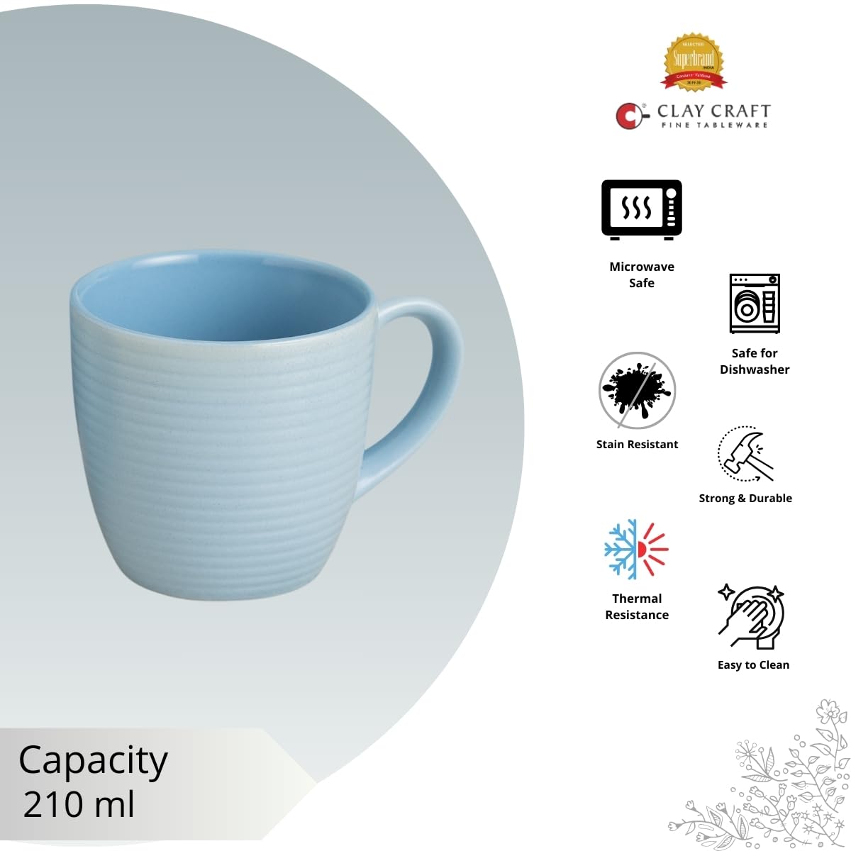 Claycraft Horizon Pebble Light Blue Coffee & Tea Mugs Set of 6 (210 ml)