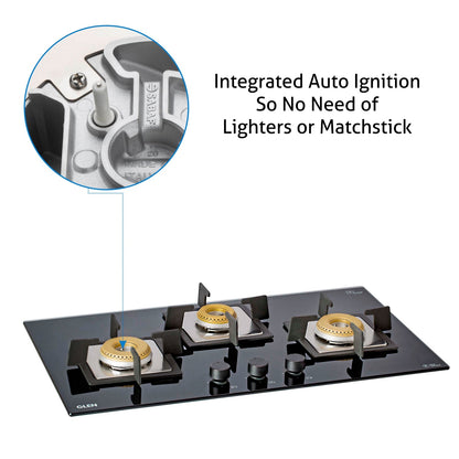 3 Burner Built in Glass Hob with Italian Double Ring Brass Burner Auto Ignition  (1073 SQ IN BB)