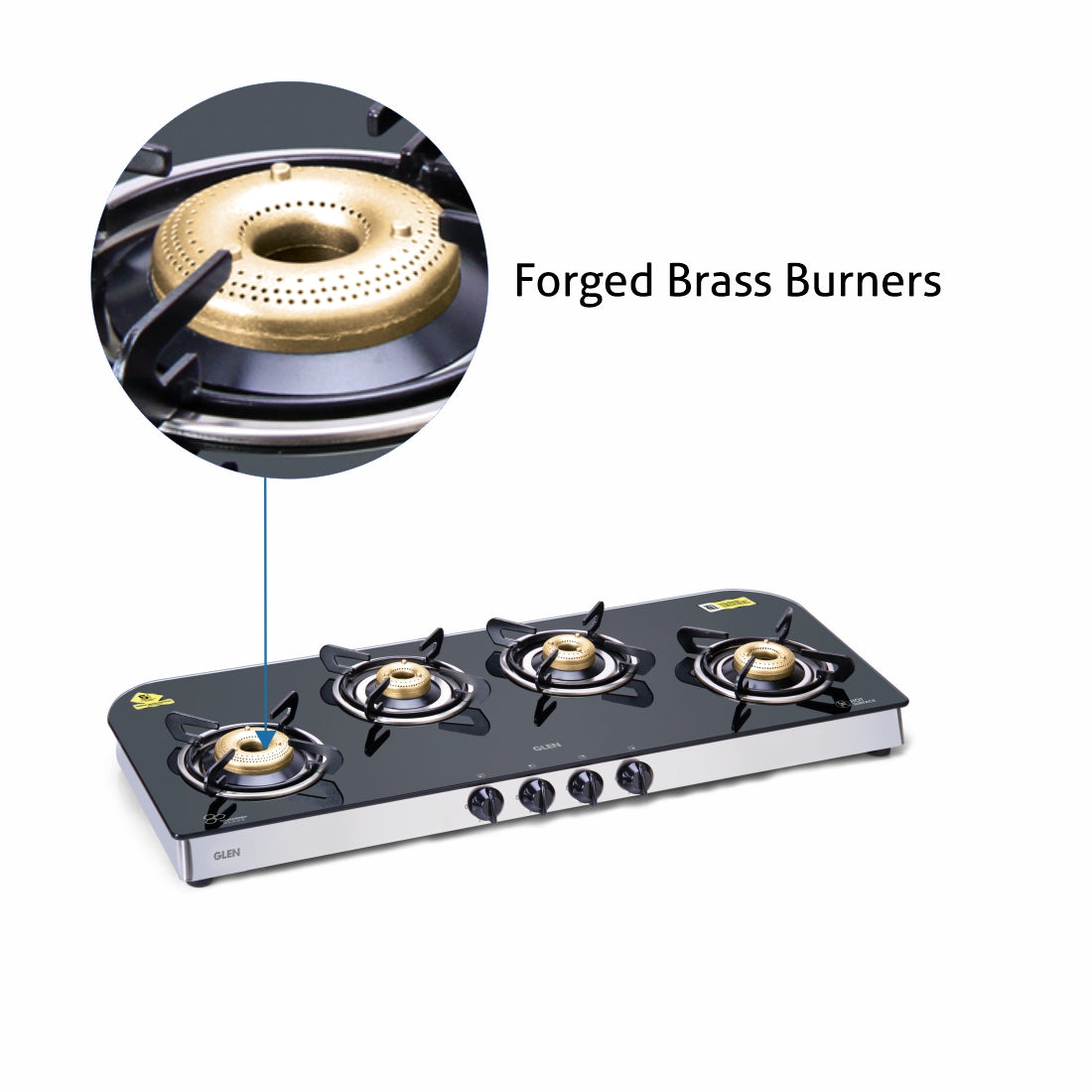 4 Burner Glass Gas Stove Extra Wide 1 High Flame 3 Forged Brass Burner (1049 GT FB)