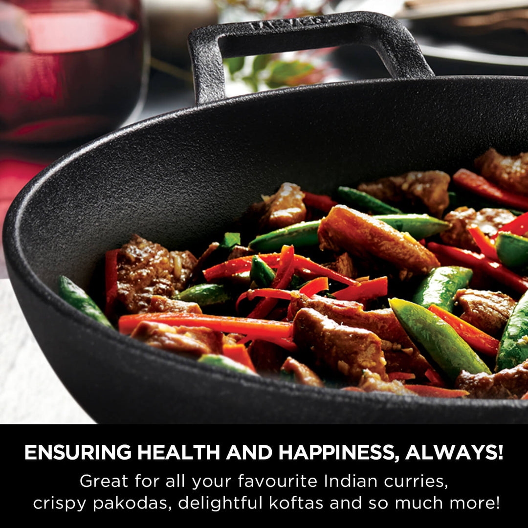 Meyer Pre- Seasoned Cast Iron 3 Piece Cookware Set - 20cm Frypan + 20cm Kadai with Interchangeable Lid