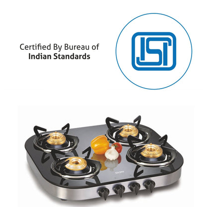 4 Burner Glass Gas Stove 1 High Flame 3  Brass Burner Round Corners (1046 GT)