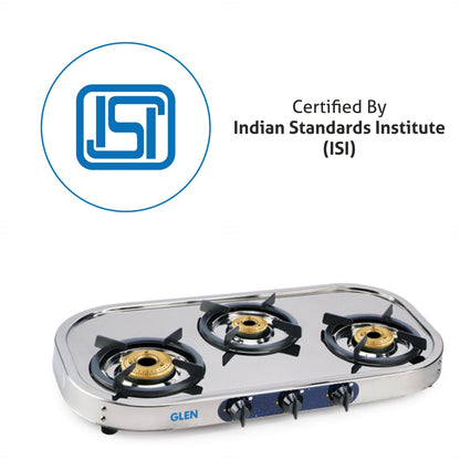 GLEN 3 Burner Stainless Steel Gas Stove with High Flame Brass Burner Drip Tray (CT1033SSHFDTBB)