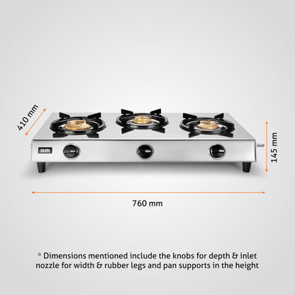 GLEN 3 Burner Stainless Steel Gas Stove with High Flame Brass Burner (CT1031XLSSHFBB)