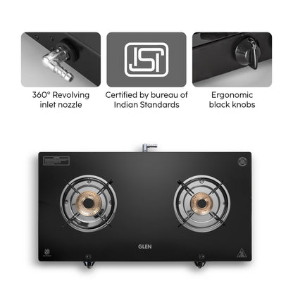 GLEN 2 Burner Glass Gas Stove Jumbo with Brass Burner Black (CT1020GTJMBB)
