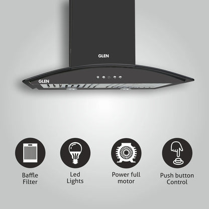 Electric Kitchen Chimney, Curved Glass SS Baffle filters 60cm 1100 mB3/h - Black (6071 IN BLK)