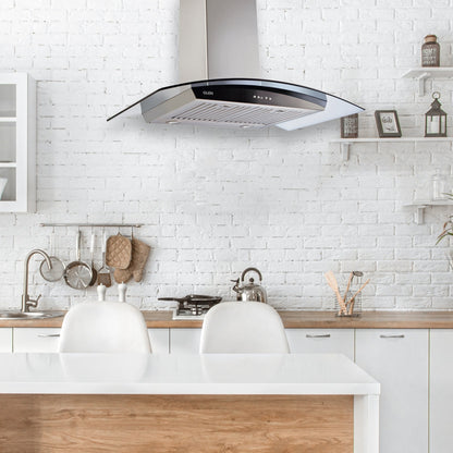 Kitchen Chimney Curved Glass, Push Buttons Baffle filter 90cm 1250 m3/h -Silver (6071 GF)