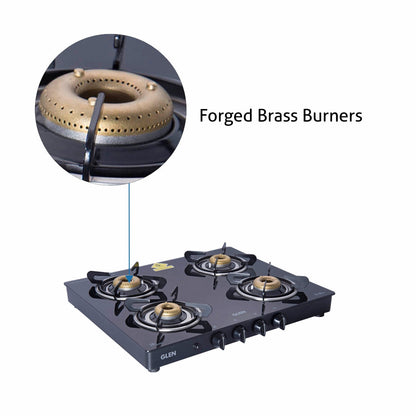 4 Burner Glass Gas Stove with Forged Brass Burner Auto Ignition 60 CM Black (1041 GT FB BL AI)