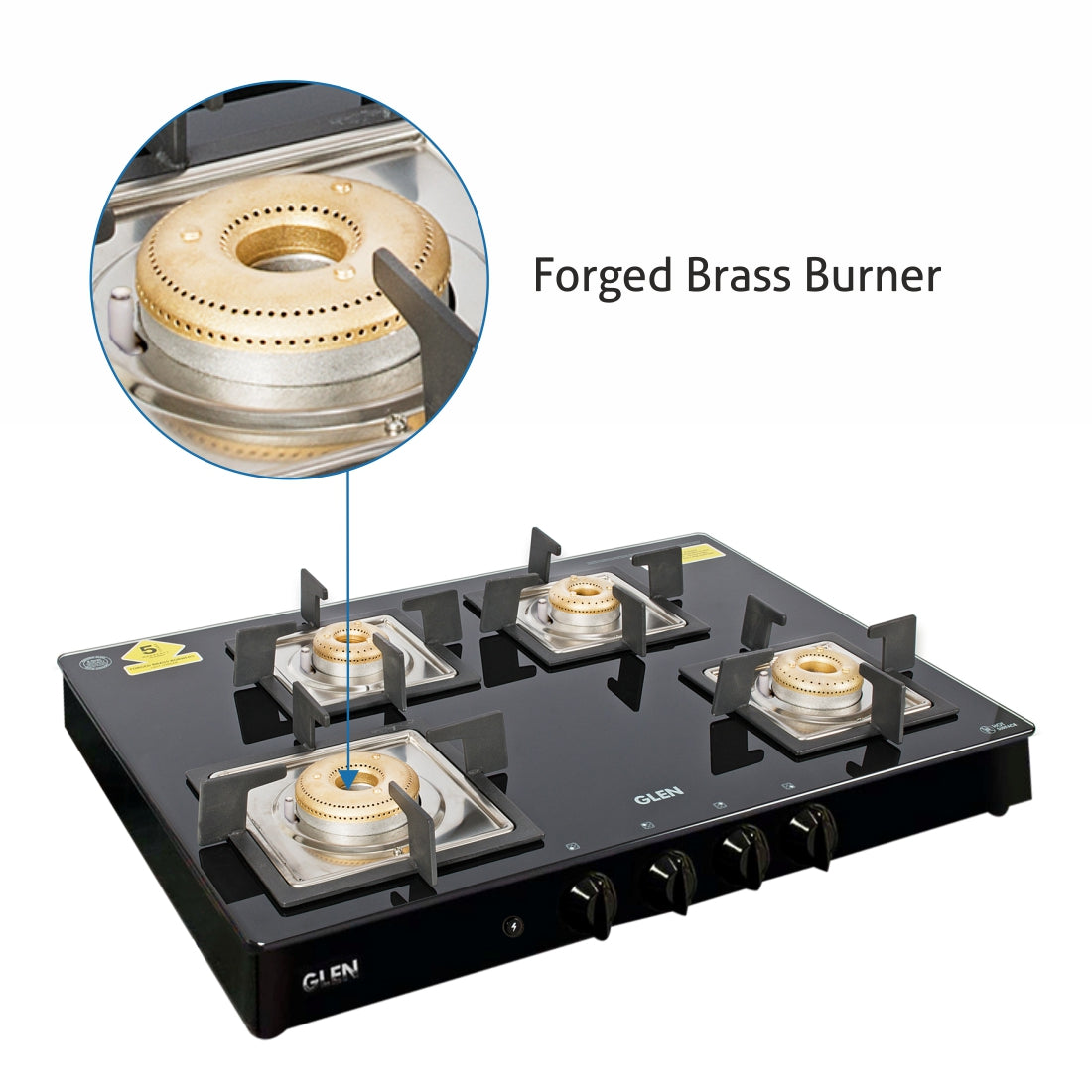 4 Burner Glass Gas Stove 1 High Flame 3 Forged Brass Burner Auto Ignition 70 CM Black(1048 GT SQBLFBAI)
