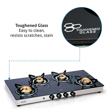 4 Burner Glass Gas Stove Extra Wide 1 High Flame 3 Brass Burners Auto Ignition (1044 GTXLAI)