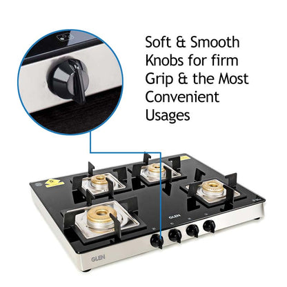 4 Burner Glass Gas Stove 1 High Flame 3 Forged Brass Burner 70 CM (1048 GT SQFB)