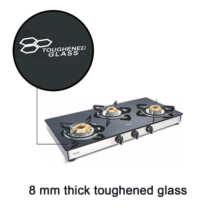 3 Burner Glass Gas Stove 1 High Flame 2 Brass Burners Double Drip trays (Z18242L)