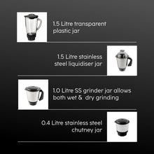Mixer Grinder 750W with 1 Transparent Jar 3 Stainless Steel Jars - Black & Silver (4023 PLATINUM)