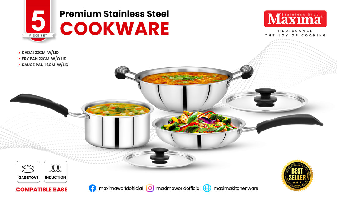 Maxima Triply Stainless Steel 5 Pcs Set (Kadai 22cm, Fry pan 22cm, Saucepan 16cm)