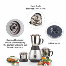 Mixer Grinder 750W 100% Copper motor, 3 Stainless Steel Liquidiser, Grinder, Chutney Jars - Silver (4022 PLAT)