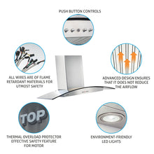 Kitchen Chimney Curved Glass, Push Buttons Baffle filter 90cm 1250 m3/h -Silver (6071 DX)