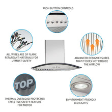Kitchen Chimney Curved Glass, Push Buttons Baffle filter 60cm 1000 m3/h -Silver (6023 SX)